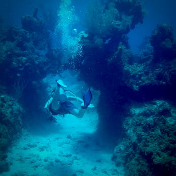 Scuba diver swims through a vibrant coral reef tunnel in tropical waters. Adventure and underwater exploration.